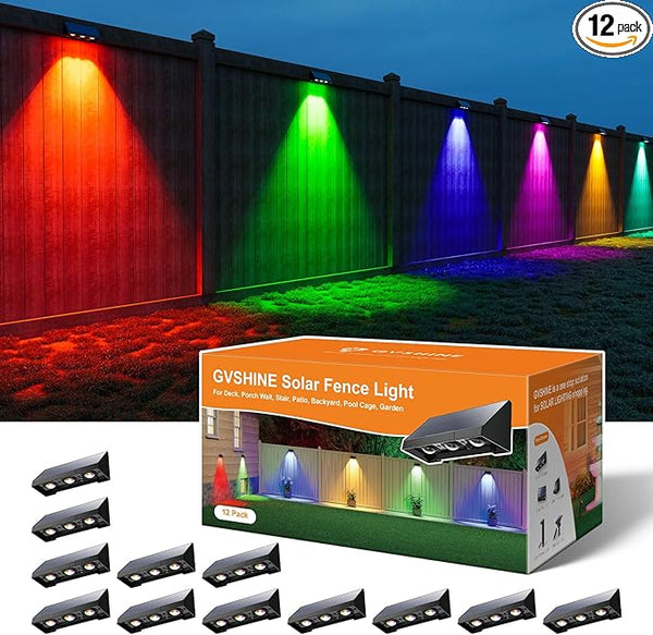 12 Pack Color Changing Solar Powered Fence Lights Outdoor Decorative LED Waterproof Wall Lamps for Outside Deck | Lumora
