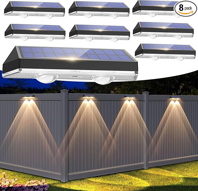 Solar Fence Lights Outdoor, 8 Pack Solar Light Outdoor Waterproof Led 3 Modes Warm/Cool/Neutral White, Fence Lights Solar Powered Light for Outside Yard Deck Wall Patio Garden