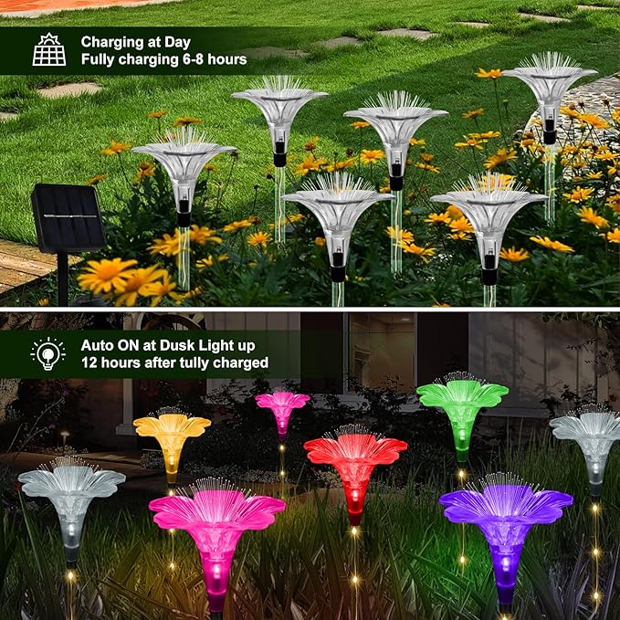 Upgraded Solar Garden Light Outside Decorations,Set of 6PCS Multicolor Optical Fiber Bigger Lily Flowers Light Outdoor Waterproof Solar Flowers Lights for Xmas Housewarming Gifts Decor