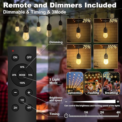 50FT Outdoor String Lights with 32+2 Bulbs (1.5FT Bulbs Spacing), Remote & Dimmer, Commercial Patio String Lights with 3 Mode Light & Timing, IP65 Waterproof, 50PC Mounting Ties for Outside