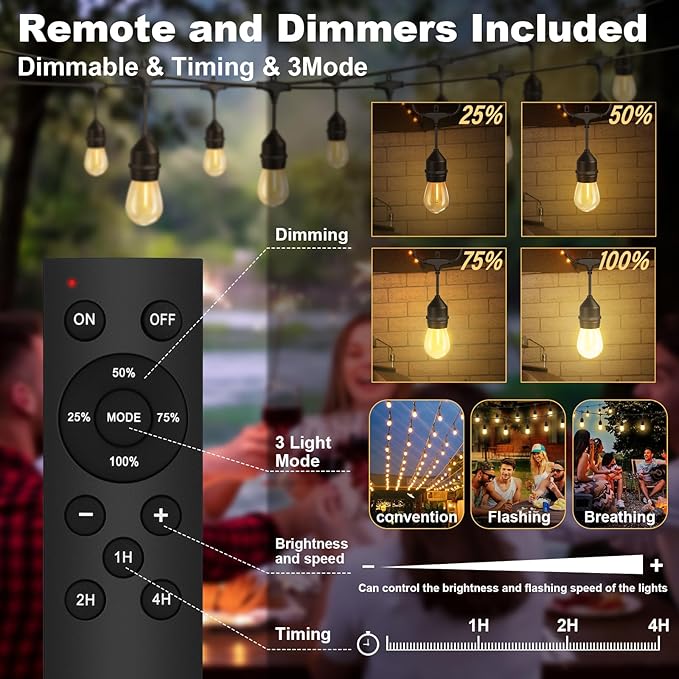 100FT Outdoor String Lights with 64+4 Bulbs (1.5FT Bulbs Spacing), Remote & Dimmer, Commercial Patio String Lights | Lumora
