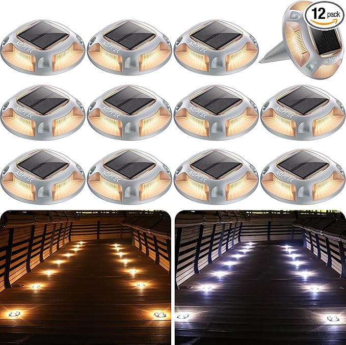 AGPTEK Solar Driveway Lights 12 Pack, 2 Colors in 1 Outdoor Solar Deck Dock Marine Waterproof LED Driveway Marker Security Lights for Outside Pathway,Boat Dock,Step,Walkway,Path,Garden (Warm & White)