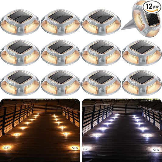 AGPTEK Solar Driveway Lights 12 Pack, 2 Colors in 1 Outdoor Solar Deck Dock Marine Waterproof LED Driveway Marker Security Lights for Outside Pathway,Boat Dock,Step,Walkway,Path,Garden (Warm & White)