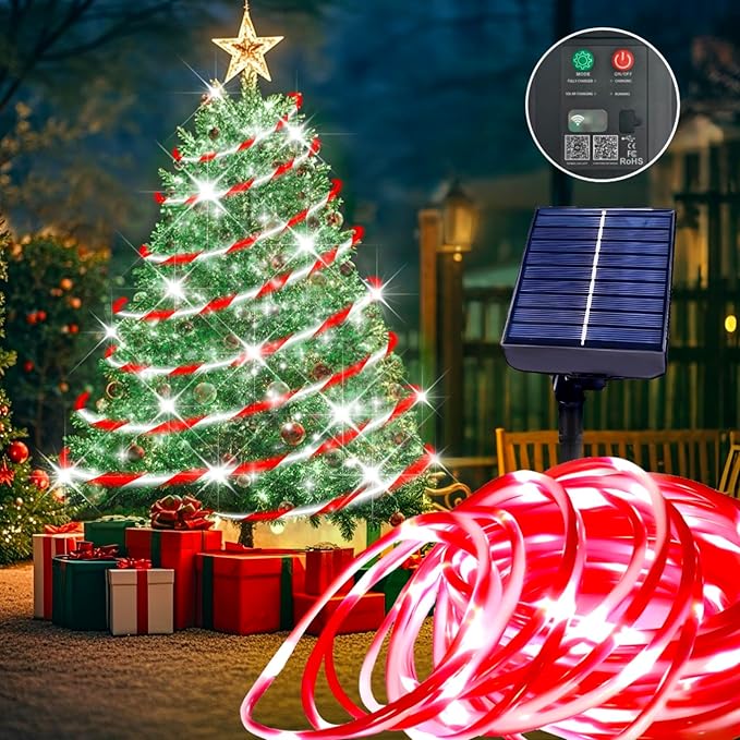 Honche Solar Rope Light 33FT 100L Outdoor Candy Cane Rope Lights Weatherproof for Terrace Tree Fence Patio Garden Yard Home Wedding Birthday Vacation Holiday Christmas Decor(Candy)