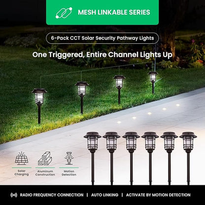 Mesh Linkable Series 6-Pack Solar LED Security Pathway Light w/ LiFePO4 Battery, 300LM, Auto-linking, 110°x16 ft Motion Detection, CCT 3000K/4000K/5000K, 4-Channel Settings, Stainless Steel, Bronze