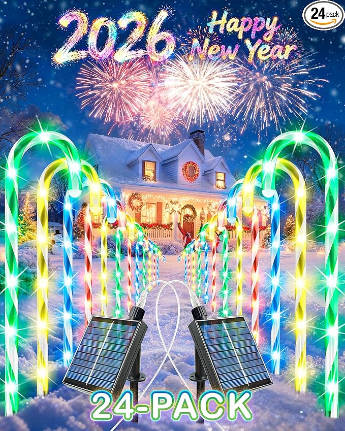 Anordsem Solar Christmas Decorations Outdoor: 21" Candy Cane Stake Lights 24 Pack - Waterproof LED 8 Colorful Lighting Models for Yard Pathway Xmas Tree Decor - 2026 New Year Gifts for Homeowners