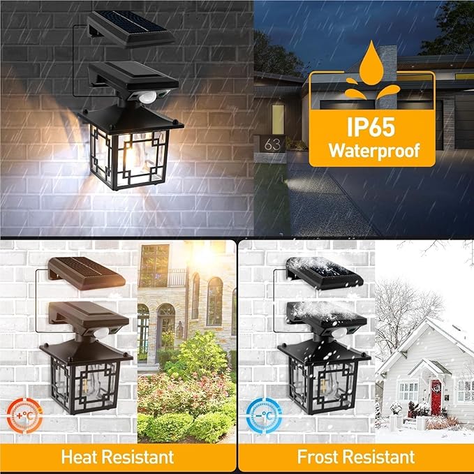 QUQUQ Solar Pathway Lights 2 Packs Solar Outdoor Wall Lights with Sensor Garden Retro Lantern Yard Patio Decor(Black2)
