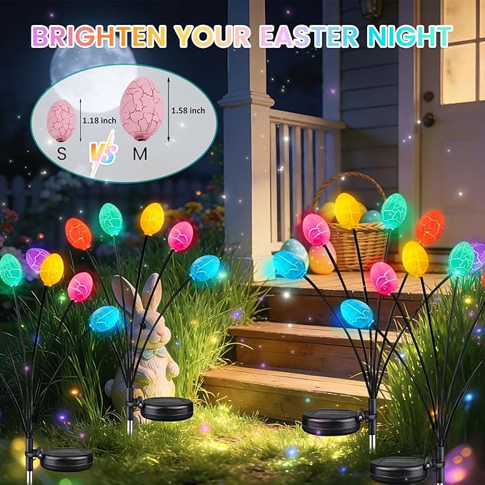 OZS 4 Pack Solar Easter Egg Lights, Colorful Garden Swaying Firefly Lights Outdoor, 24 Led Waterproof Solar Stake Lights for Lawn Trails, landscaped Yards, Porches and Patio Easter Decorations