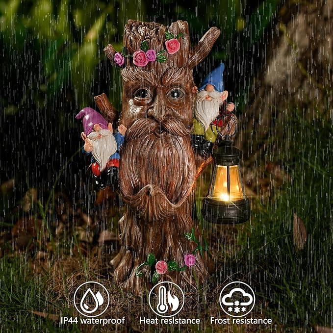 Whimsical Tree Ent Garden Statue with Gnomes – Solar Powered Outdoor Decor with LED Lantern, Funny Yard Ornament for Lawn, Patio, Porch, or Garden