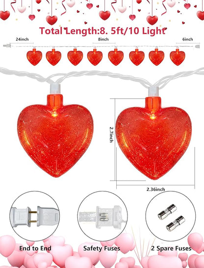 Valentines Red Heart String Lights Plug in, 8.5Ft Outdoor Valentine's Day Decorations Lights with 10 Red Glitter Heart Lights, Hanging Heart Fairy Lights for Indoor Window Wedding Birthday Party Decor
