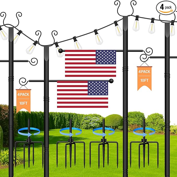 4 Pack String Light Poles 10 Ft - Patio Adjustable Stand with Fork, Backyard Heavy Metal Lighting Posts for Outside | Lumora