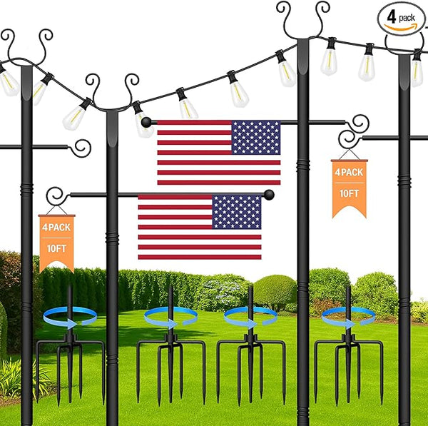 4 Pack String Light Poles 10 Ft - Patio Adjustable Stand with Fork, Backyard Heavy Metal Lighting Posts for Outside | Lumora