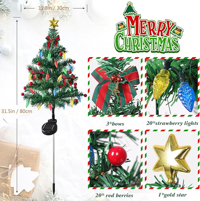Dremisland 2Pack Solar Christmas Tree with 40LED Lights Outdoor Solar Christmas Decorations Waterproof Solar Powered Prelit Christmas Tree for Holiday Pathway Garden Yard (Solar Christmas Tree-2PCS)