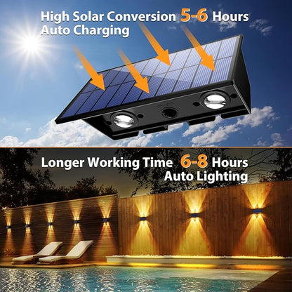 Solar Fence Lights,6 Pack Solar Lights Outdoor Warm White+RGB Up & Down Waterproof 100 Lumens Dusk to Dawn for Wall/Backyard/Pool/Railing/Patio/Porch/Step