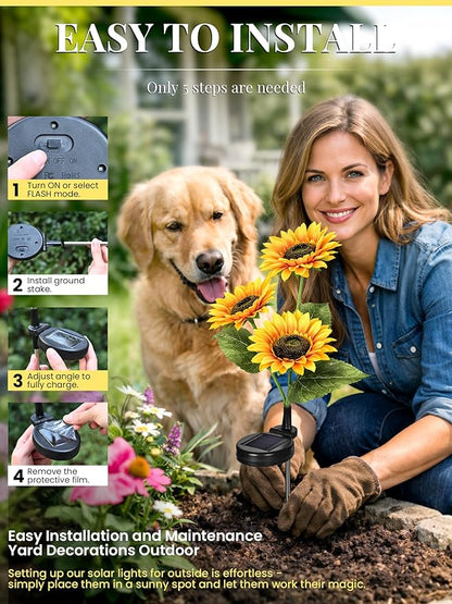 GIGALUMI Solar Garden Lights Artificial Flowers, LED Garden Decor Carefree Sunflower Solar Lights Outdoor Yard Decorations Outdoor, Everlasting Sunflower Decor Gift for Outside Yard Patio (Set of 2)