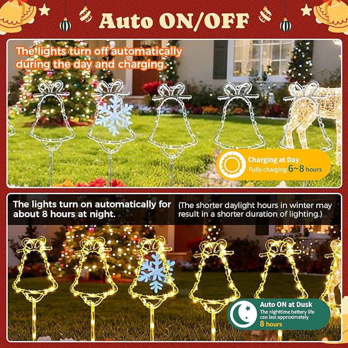 6 Packs Christmas Bell Solar Garden Lights with 8 Light Modes, 21.65 Inches Tall Christmas Outdoor Light with 20 LEDs Each, Solar Outdoor Xmas Decor for Garden, Path, Patio (Warm White)
