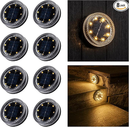 Glass Solar Step Lights with Wave Style, Modular-Design Waterproof Outdoor Fence Lights for Stairs Step Yard Patio Garden Wall Pathway, Decorative Patio Table Lighting, Warm White (8 Pack)