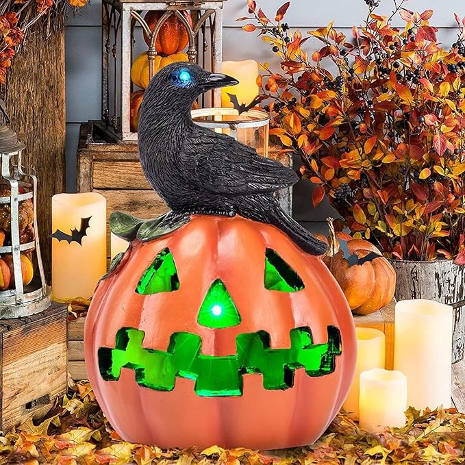 HUYIENO Solar Halloween Pumpkin Decoration with Crow Solar Powered Garden Lights Color Changing LED Halloween Yard Lawn Party Outdoor Decorations