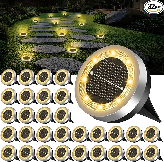 Mini Solar Ground Lights Outdoor 32 Pack Waterproof Upgraded Anti-Rust Solar Flat Garden Lights Stainless Steel | Lumora