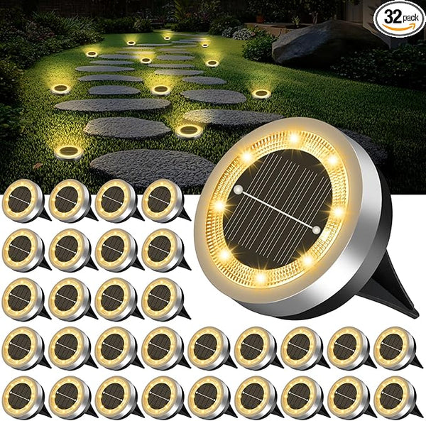 Mini Solar Ground Lights Outdoor 32 Pack Waterproof Upgraded Anti-Rust Solar Flat Garden Lights Stainless Steel | Lumora
