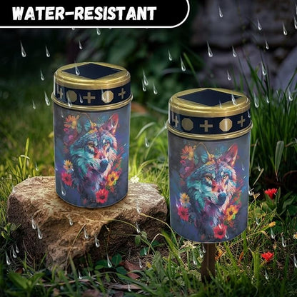 HUGS IDEA Cool Wolf Solar Memorial Lights Floral Solar Path Lights Outdoor Garde Waterproof ABS Grave Decor Outdoor Pathway Lighting for Rustic Yards & Gardens