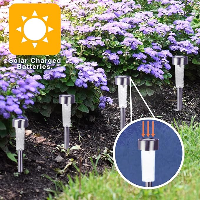 Crosslight Solar Powered Pathway Lights (12 Pack) - Outdoor Stainless Steel White LED Lights, Waterproof for Garden, Yard, Patio, Lawn, Walkway - Decorative Ground Stake Lighting | Silver