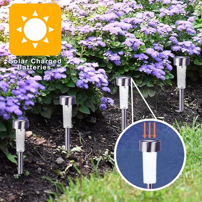 Crosslight Solar Powered Pathway Lights (8 Pack) - Outdoor Stainless Steel White LED Lights, Waterproof for Garden, Yard, Patio, Lawn, Walkway - Decorative Ground Stake Lighting | Silver