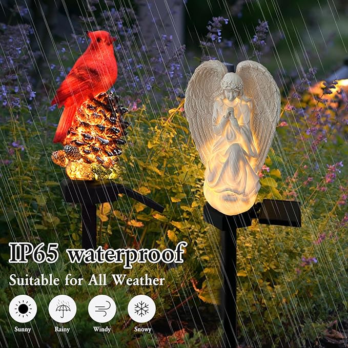 Solar Garden Angel/Cardinal Lights, Waterproof Outdoor Garden Statue Decorations Solar Lights for Cemetery Gravesite Grave Outside Yard Patio Lawn Porch