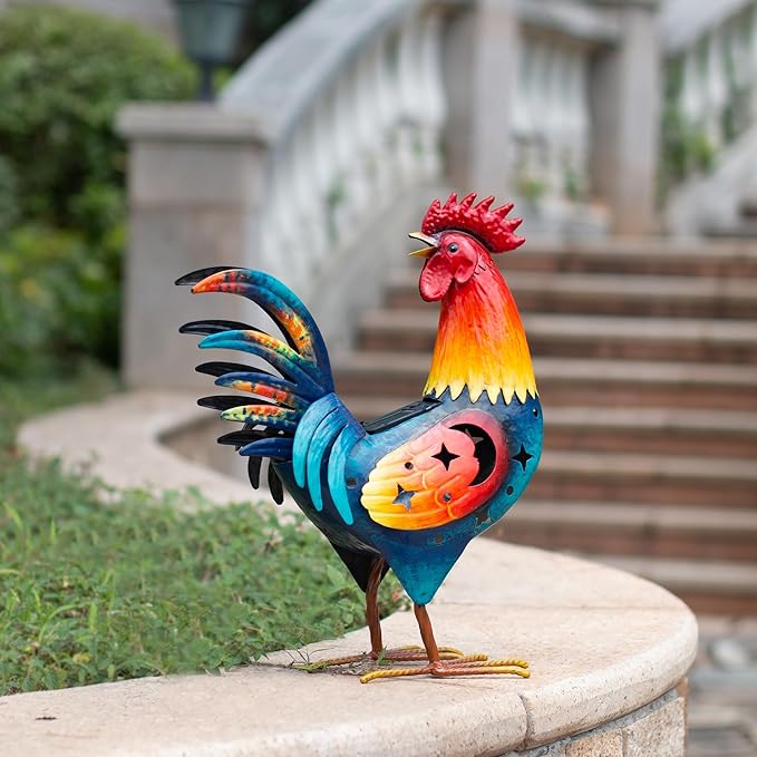 Natelf Solar Rooster Statue, Outdoor Metal Rooster Decor with Solar Light, Hand-Painted Weatherproof Garden Art for Yard, Patio - Unique Gift
