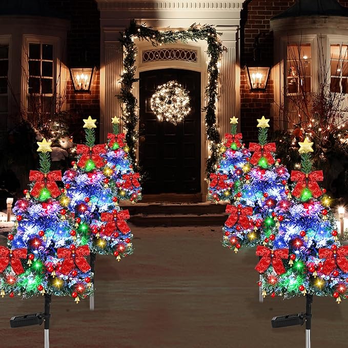 2 Pack 32 inch Solar Xmas Tree Light Outdoor Tree with 20 LED Lights Waterproof Christmas Pathway Light Solar Christmas Decorations for Yard Garden Lawn Walkway