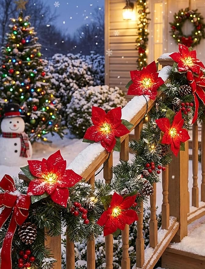 Christmas Red Flower String Lights Plug in, 8.5Ft Red Christmas Decorations Lights Outdoor with 10 LED Flowers Lights, Hanging Flowers Fariy String Lights for Holiday Party Window Home Birthday Decor