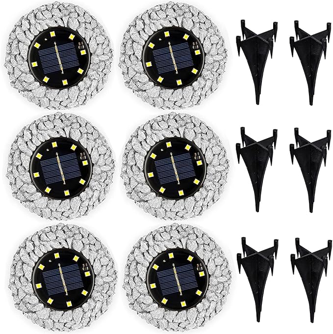 Morvat Grey Rock Solar Lights Outdoor Waterproof | Decorative Disk Lights for Outdoor Pathway | Garden Stones with Stone-Like Texture & IP44 Weatherproof Rating | Rock Solar LED Lighting, 6 Pack