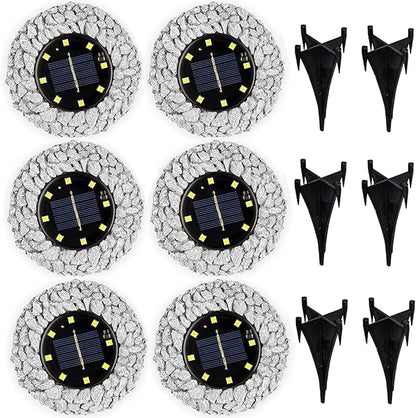 Morvat Grey Rock Solar Lights Outdoor Waterproof | Decorative Disk Lights for Outdoor Pathway | Garden Stones with Stone-Like Texture & IP44 Weatherproof Rating | Rock Solar LED Lighting, 6 Pack