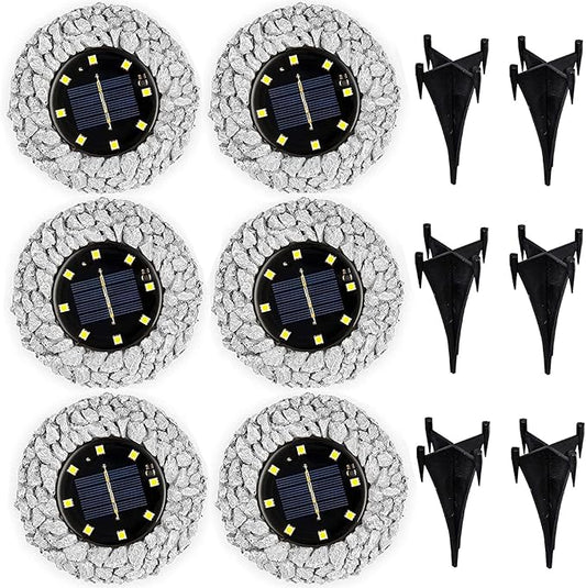 Morvat Grey Rock Solar Lights Outdoor Waterproof | Decorative Disk Lights for Outdoor Pathway | Garden Stones with Stone-Like Texture & IP44 Weatherproof Rating | Rock Solar LED Lighting, 6 Pack