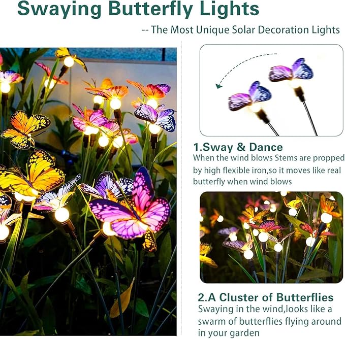Solar Butterfly Lights Outdoor Waterproof - Garden Decor with 8 LED Solar Powered Butterfly String Lights, Weather-Resistant for Yard, Patio, Lawn (Color, 4 Packs)
