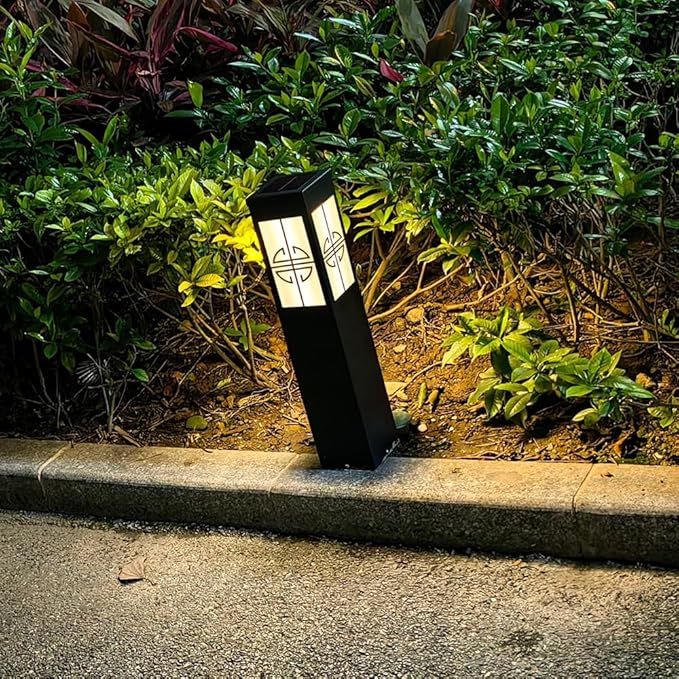 Solar Garden Path Lights Square Black Metal Pathway Lights Chinese Style Glass Bollard Lantern Dimming Landscape Lighting Fixture for Lawn Front/Back Door Balcony