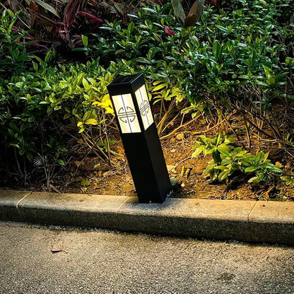 Solar Garden Path Lights Square Black Metal Pathway Lights Chinese Style Glass Bollard Lantern Dimming Landscape Lighting Fixture for Lawn Front/Back Door Balcony
