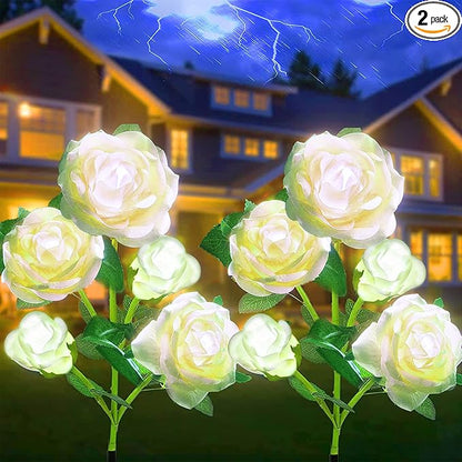 Solar Flowers Lights Outdoor Garden Waterproof [Updated] 2 Pack 10 White Roses Decortive Lights for Garden Patio Yard Grave Decorations for Cemetery