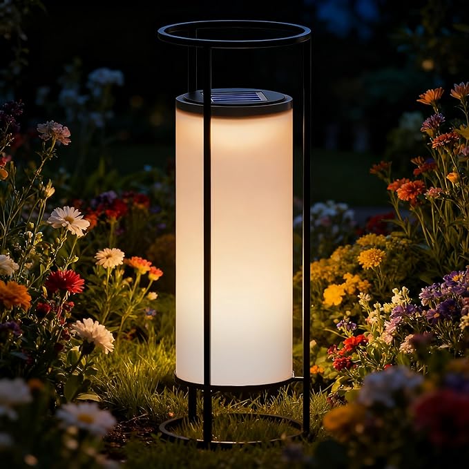 HOTEAGLE Outdoor Solar Lights,14.8" H Modern Metal Cylinder Solar Powered Lantern, Waterproof Decorative Table Lamp with Warm White LED, Dusk to Dawn Auto On/Off for Garden, Patio, Yard, Path Decor