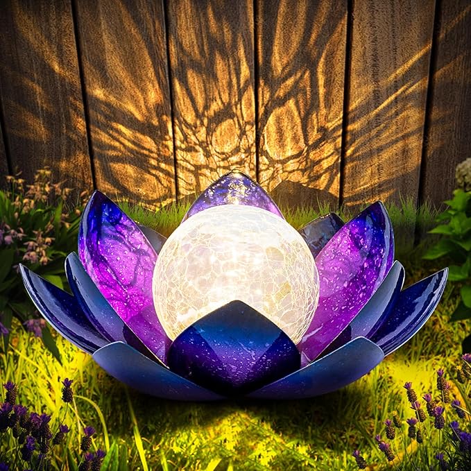 Huaxu Solar Lights for Outdoor Decor, Purple Lotus Flower Light, Waterproof LED Crackle Globe Glass Lamp for | Lumora