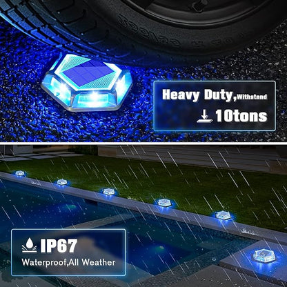VOLISUN Solar Driveway Lights Dock Outdoor Waterproof Marker Lights,16 Pack Solar Deck Lights 2 Colors in 1 Led Wireless IP67,Solar Blue Deck Lights for Sidewalk Pathway Yard(White/Blue),Auto On/Off