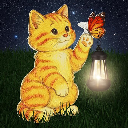 WILLBOND Cat Garden Decor Christmas Outdoor Solar Lights Decor, Metal Orange Cat Garden Stake with Butterfly, Outside Stake Signs for Yard Lawn Patio Unique Gift Ideas