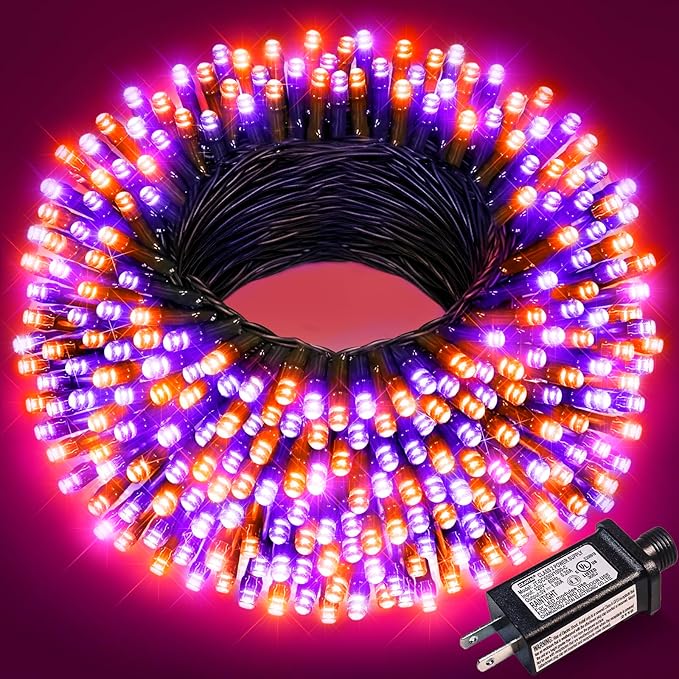Orange and Purple Christmas Lights, 66FT 200 LED Christmas Lights Outdoor with 8 Modes Waterproof, Plug in Twinkle Tree Light Green Wire for Indoor Bedroom Garden Patio Party Decorations