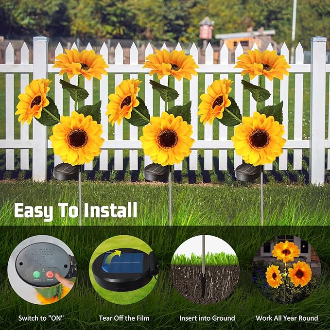 Sunflower Solar Lights Outdoor, IP65 Waterproof Fairy Decor Light, 2 Modes Constant Light&Blinking, 6 Pack Flower Lights with 18 Sunflowers, Ideal for Garden, Back Yard, Patio, Flower Bed, Cemetery