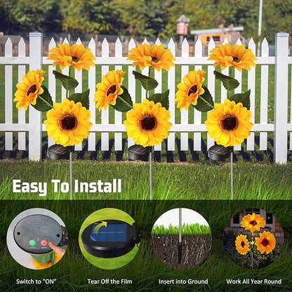 Sunflower Solar Lights Outdoor, IP65 Waterproof Fairy Decor Light, 2 Modes Constant Light&Blinking, 6 Pack Flower Lights with 18 Sunflowers, Ideal for Garden, Back Yard, Patio, Flower Bed, Cemetery
