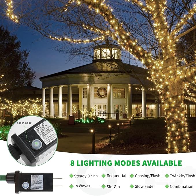 Tcamp 306FT 1000 LED Christmas Lights, 8 Modes Christmas Tree Lights with Timer Memory Function, Green Wire Starry Fairy String Light for Tree Halloween Outdoor Indoor Decor (Warm White)