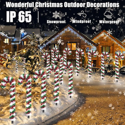 10 Pack Christmas Candy Cane Lights, Tinsel Candy Cane Christmas Decorations Pathway Lights with 8 Modes & Timer for Xmas Walkway Yard Lawn Outdoor (Red, Green, White)
