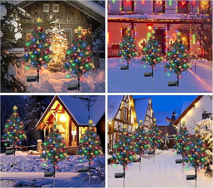 2 Set Solar Christmas Tree Lights Decorations Outdoor Waterproof, 40 LED Lights Christmas Solar Stake Lights Cemetery Christmas Tree for Grave Pathway Outside Garden Yard Lawn