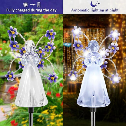 Solar Garden Lights, Fairy Angel Solar Powered Fairy Waterproof Light, 2pcs LED Outdoor Decorative Light, Pathway Lights for Cemetery Grave Memorial Garden Yard Lawn Sympathy Gifts (Purple - 2PCS)
