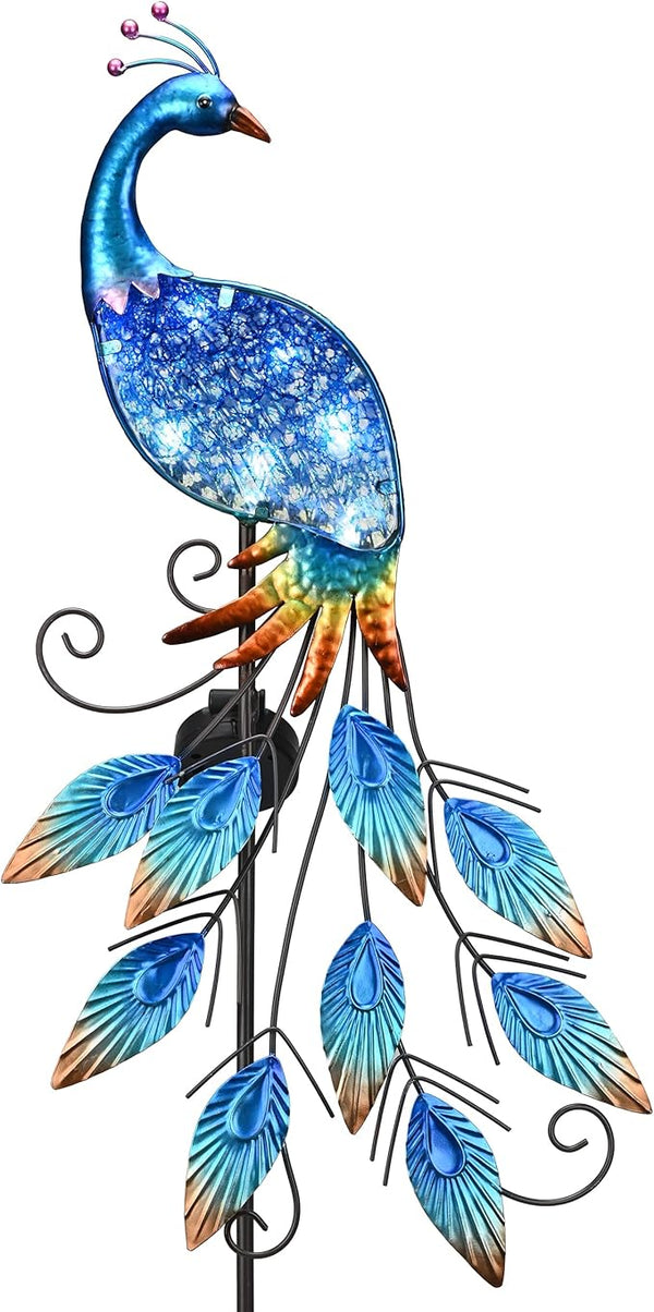 TERESA'S COLLECTIONS Garden Decor Blue Peacock with Solar Outdoor Lights, 40" Glass Yard Art for Outside | Lumora